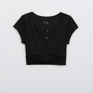 OFFLINE By Aerie Real Me Henley Crop Tee Black Size L NWOT